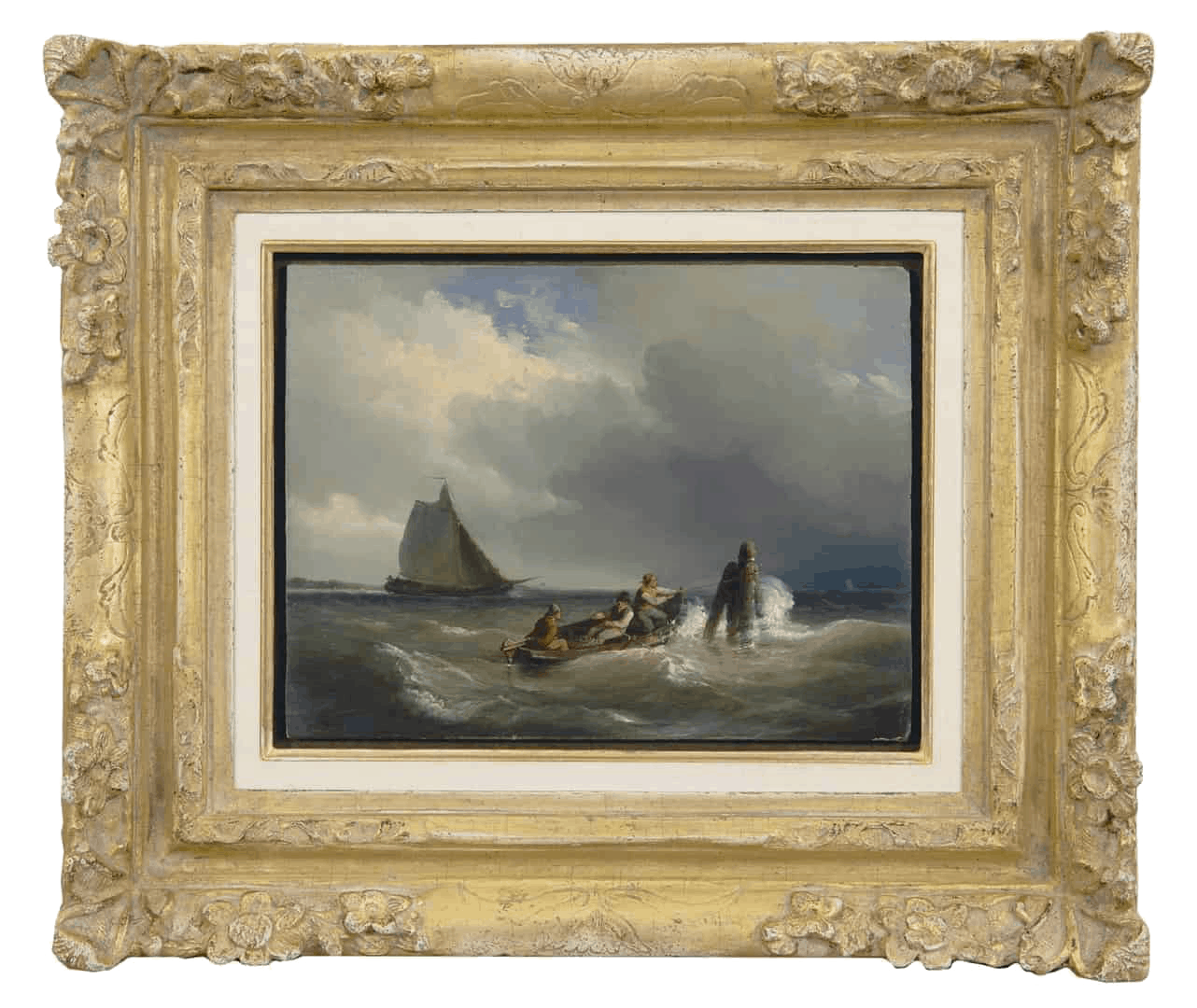 Cornelis Springer: Figuren in een roeiboot op woelig water (in lijst)