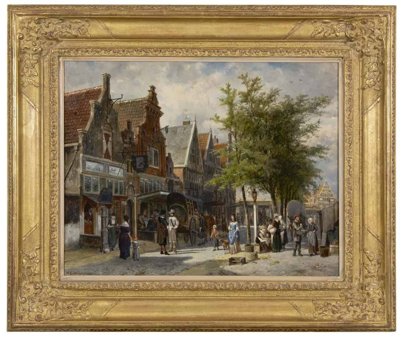 Cornelis Springer: Gezicht op de markttentoonstelling Voedingsmiddelen in Amsterdam (in lijst)