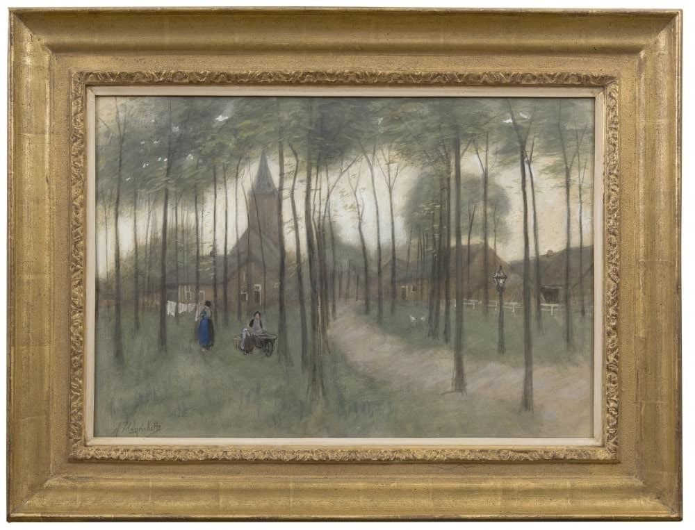 Arina Hugenholtz: De Brink te Laren met op de achtergrond de Johannes kerk (in lijst)