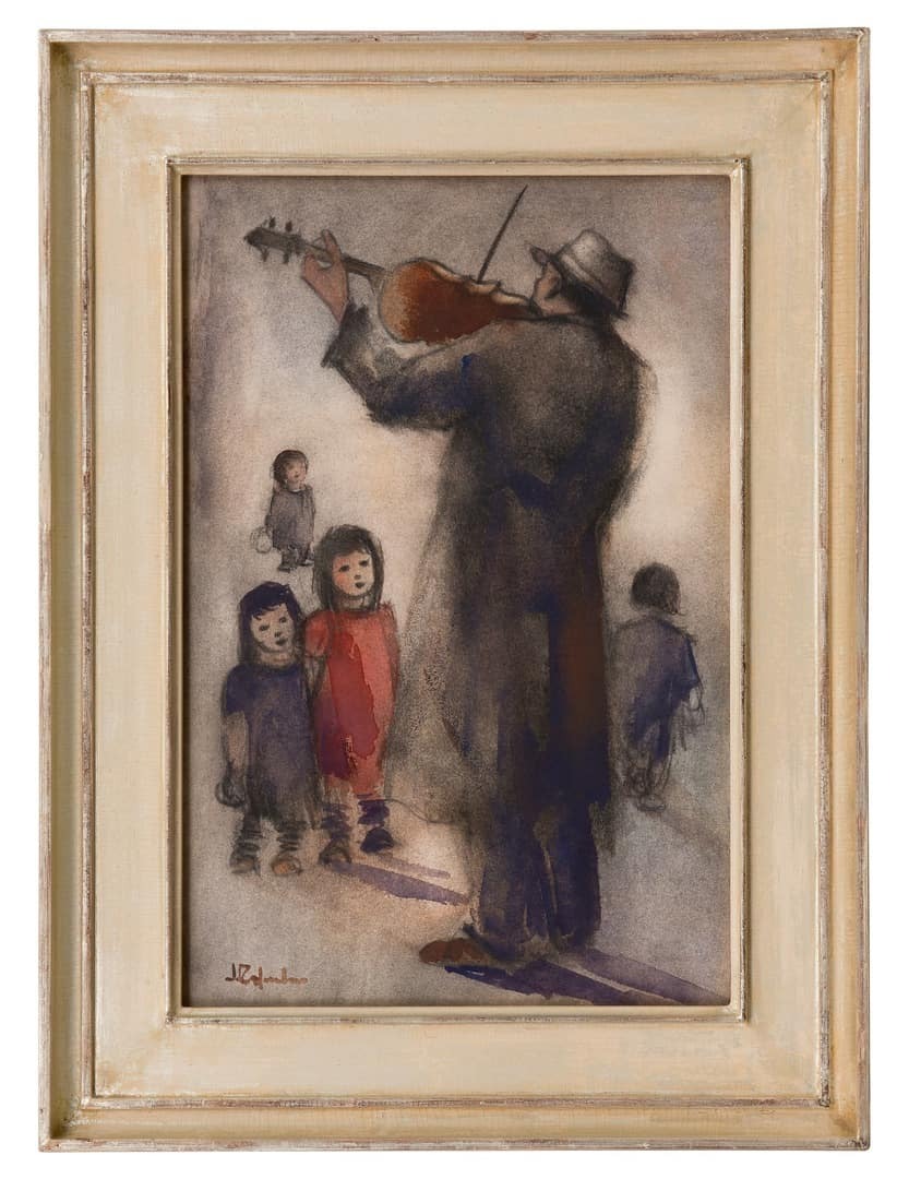Jan Rijlaarsdam: Vioolspelende man met kinderen (in lijst)