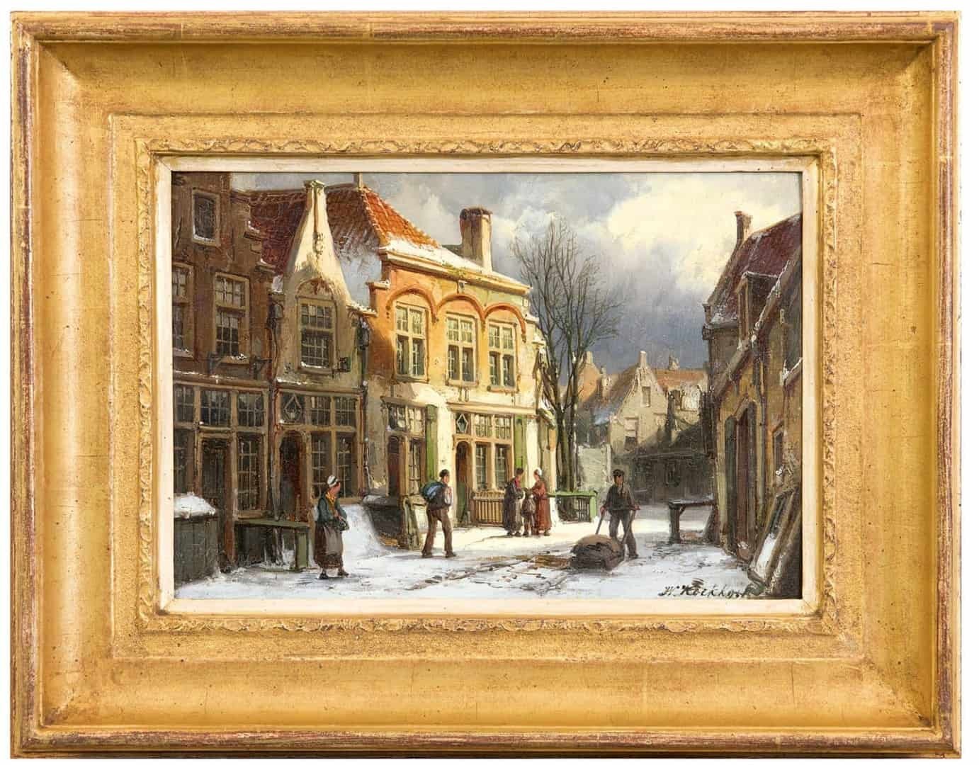 Willem Koekkoek: Hollands straatje in de winter (in lijst)