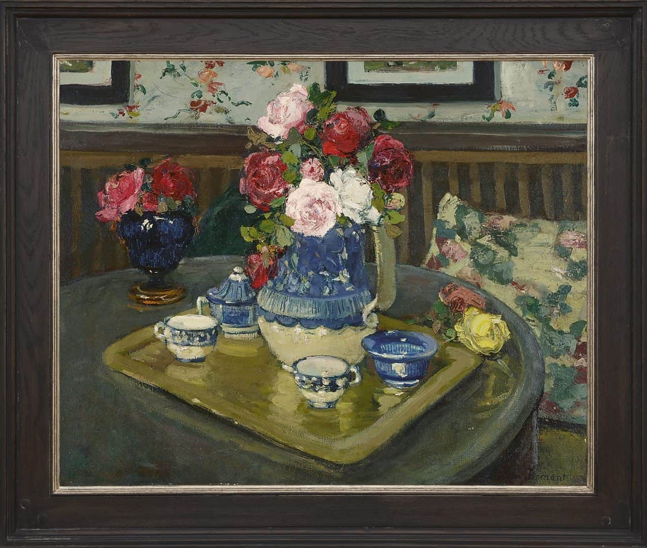Adrian-Louis Demont: Stilleven met rozen op een tafel (in lijst)