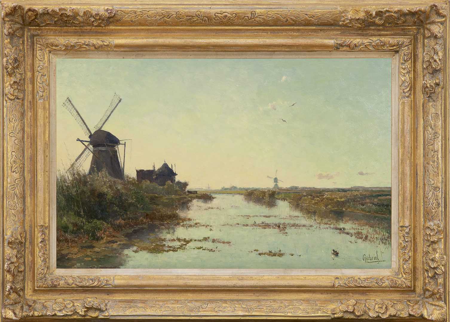 Paul Gabriël: Hollands polderlandschap met een wetering, een Zuid-Hollandse watermolen en een wipwatermolen (in lijst)