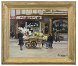 Alexandre Denonne: Vrouwen bij een bloemenkar (in lijst)