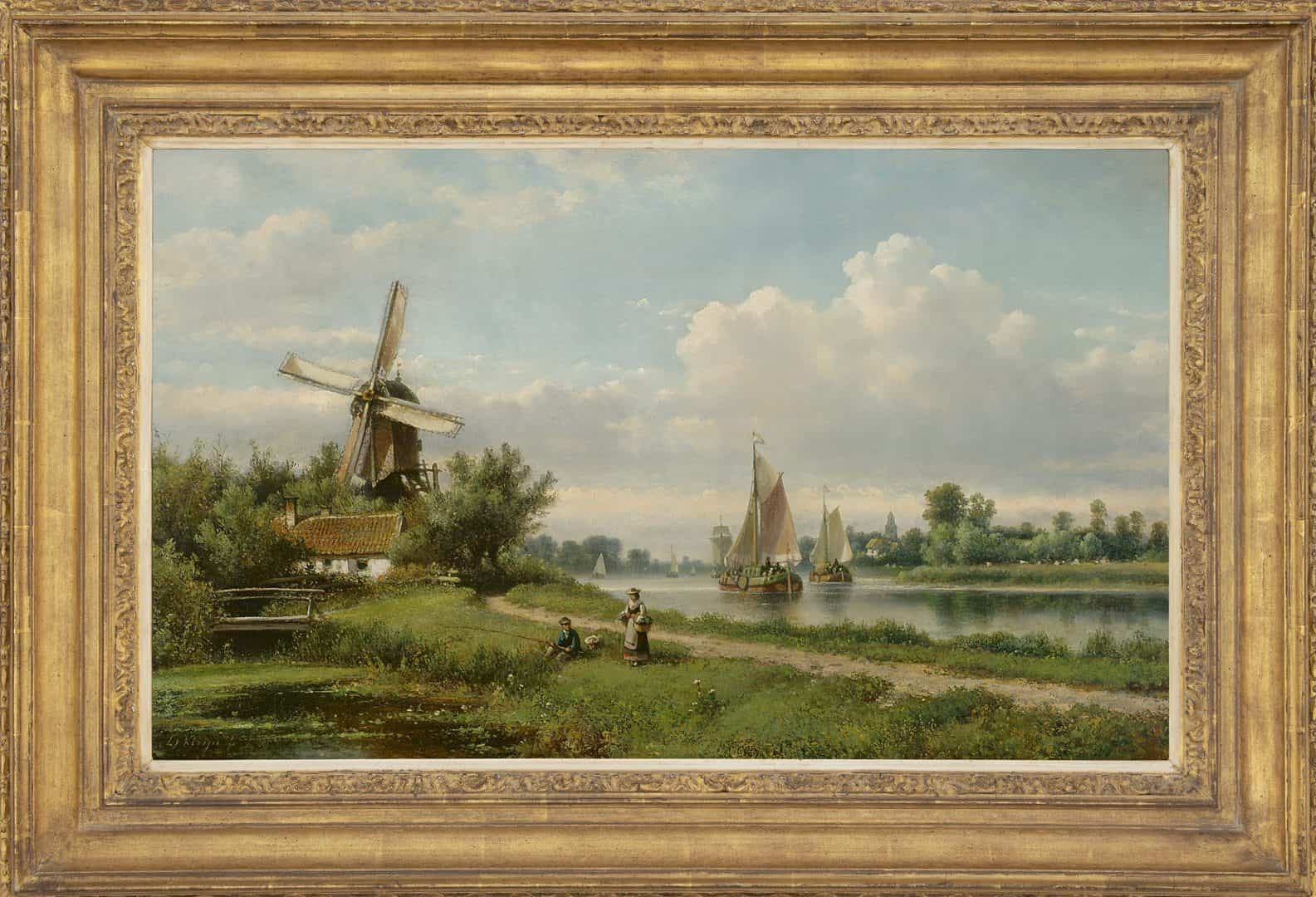 Lodewijk Johannes Kleijn: Zomers rivierlandschap met visser (in lijst)