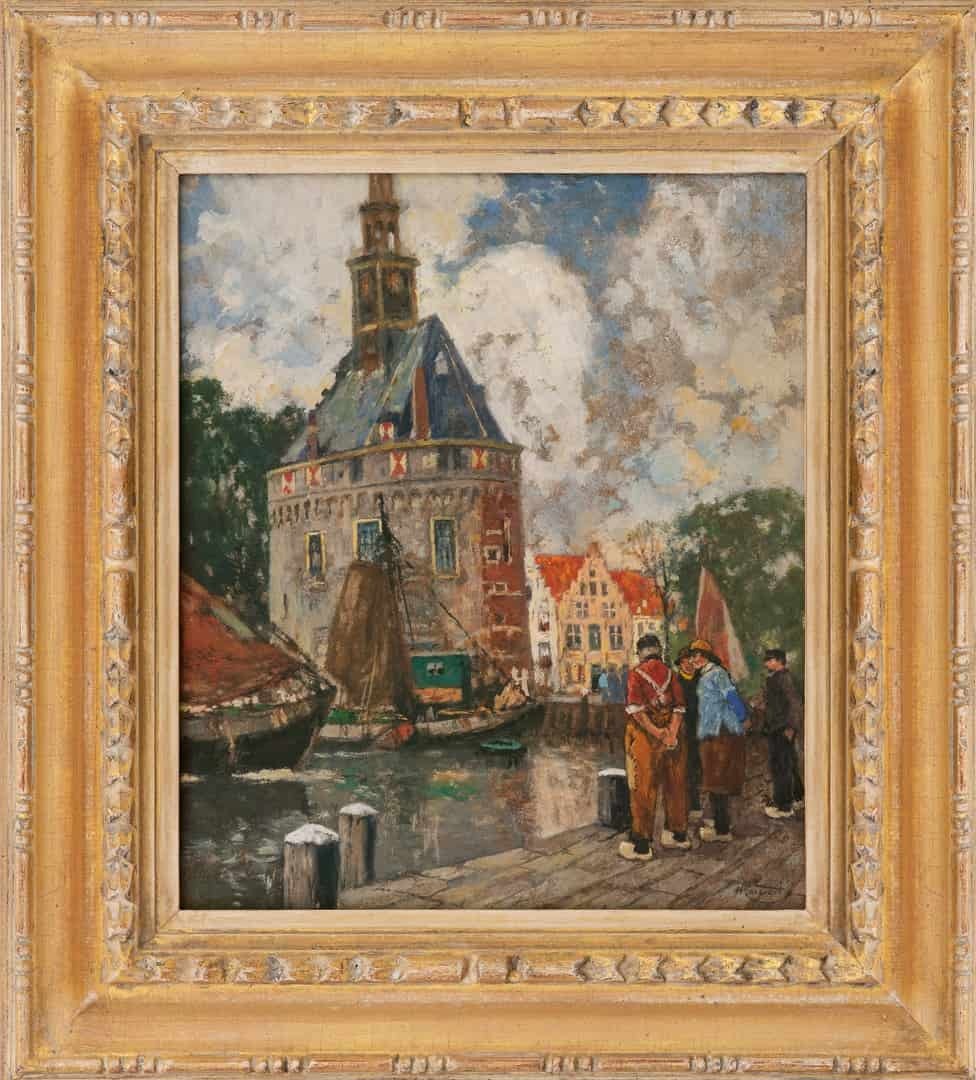 Henry Cassiers: Vissers in de haven van Hoorn bij de hoofdtoren (in lijst)