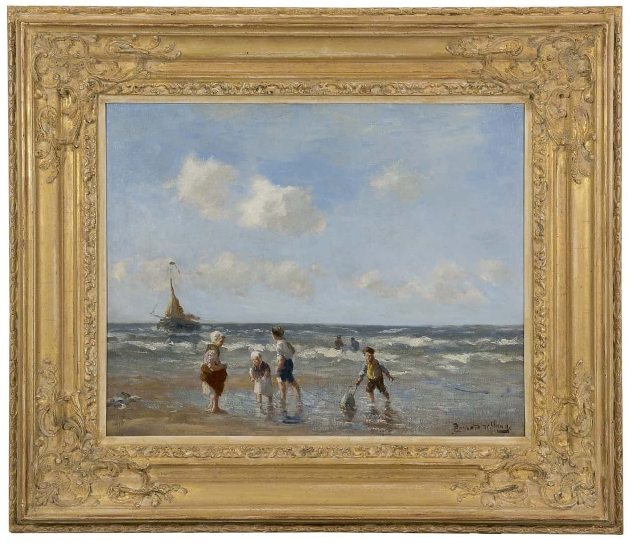 Bernard de Hoog: Spelende kinderen op het strand (in lijst)