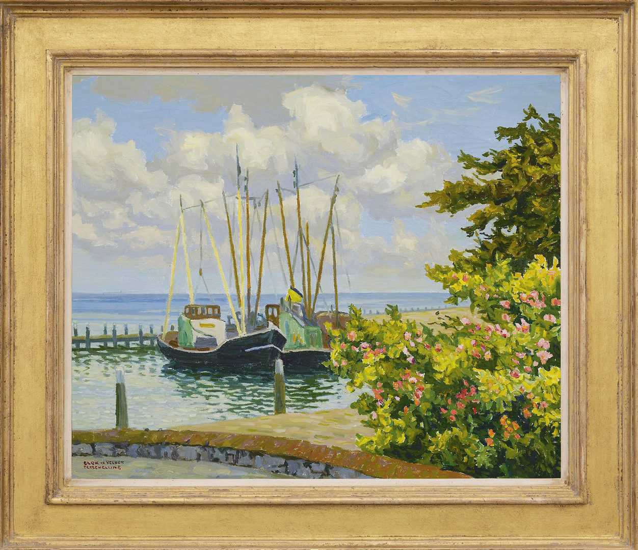 Ad Blok van der Velden: Rozenboompjes aan de haven van Terschelling (in lijst)