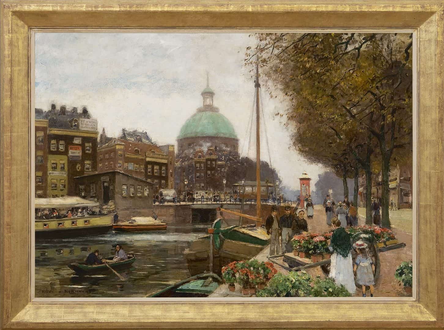Heinrich Hermanns: Het Singel te Amsterdam met de Ronde Lutherse Kerk (in lijst)