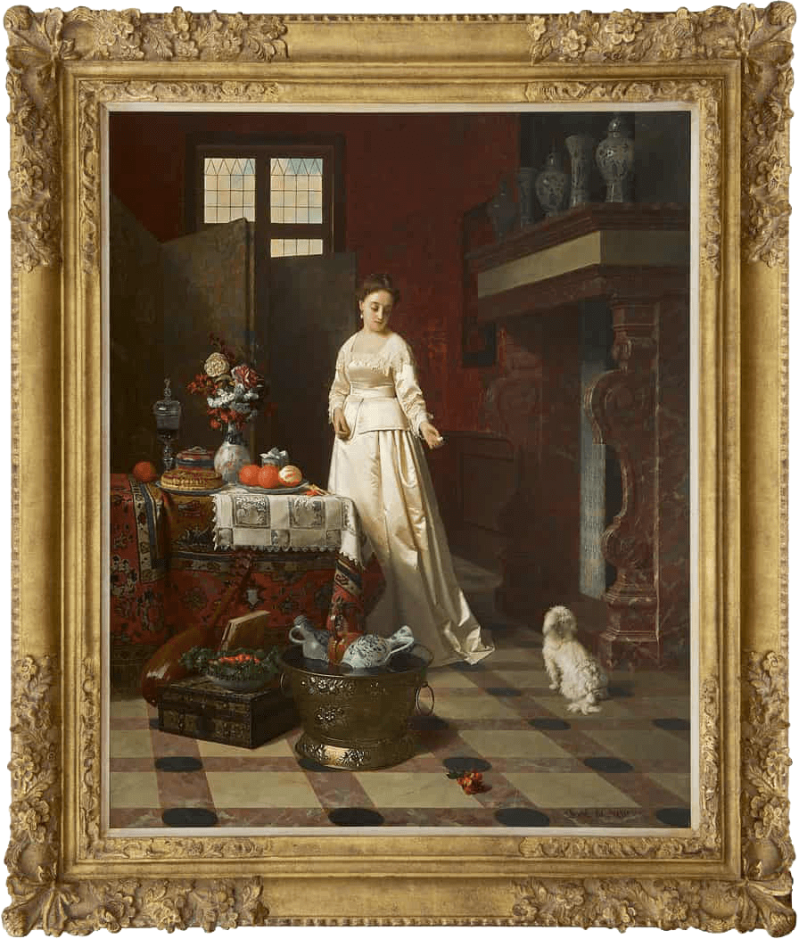 Petrus Renier Hubertus Knarren: Jonge vrouw in een interieur (in lijst)