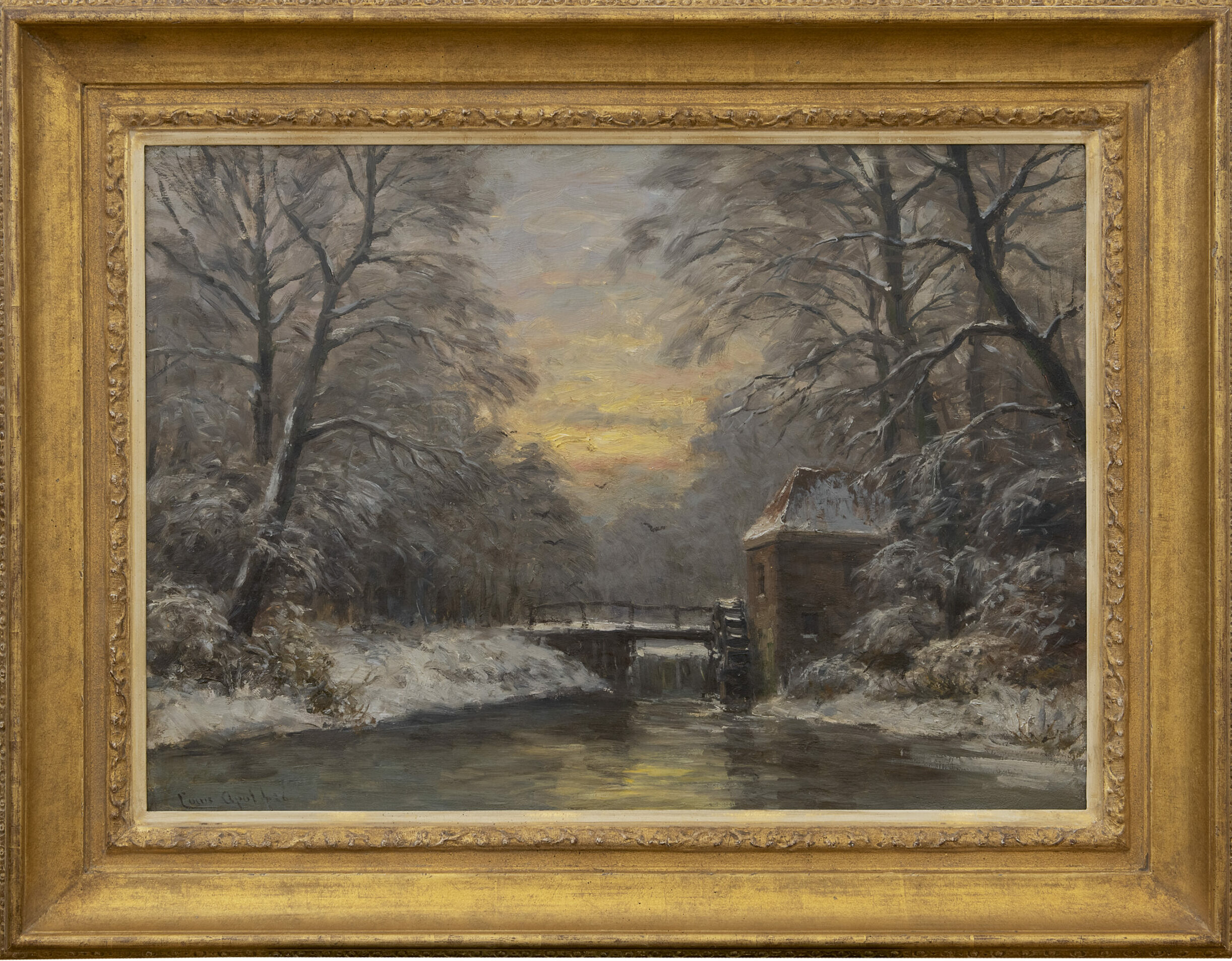 Louis Apol: Winters bosgezicht met ondergaande zon (in lijst)