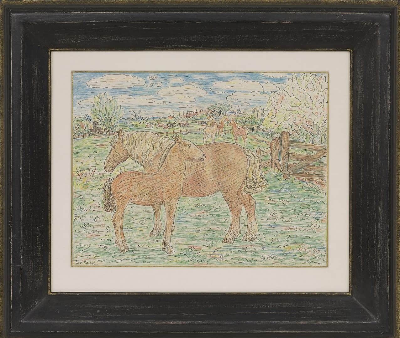 Leo Gestel: Paarden met veulens in de wei (in lijst)