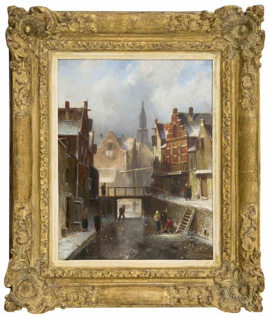 Charles Leickert: Een Amsterdamse gracht in de winter (in lijst)