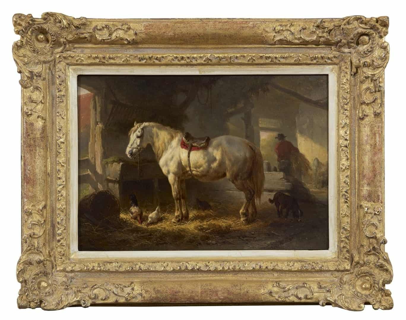 Wouterus Verschuur: Stalinterieur met wit paard (in lijst)