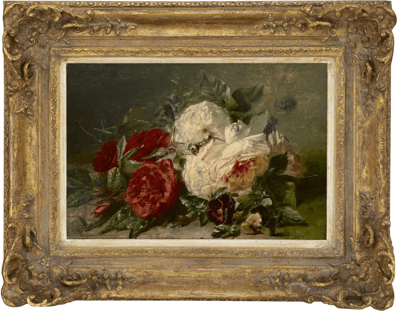 Adriana Haanen: Stilleven met rozen en viooltjes (in lijst)