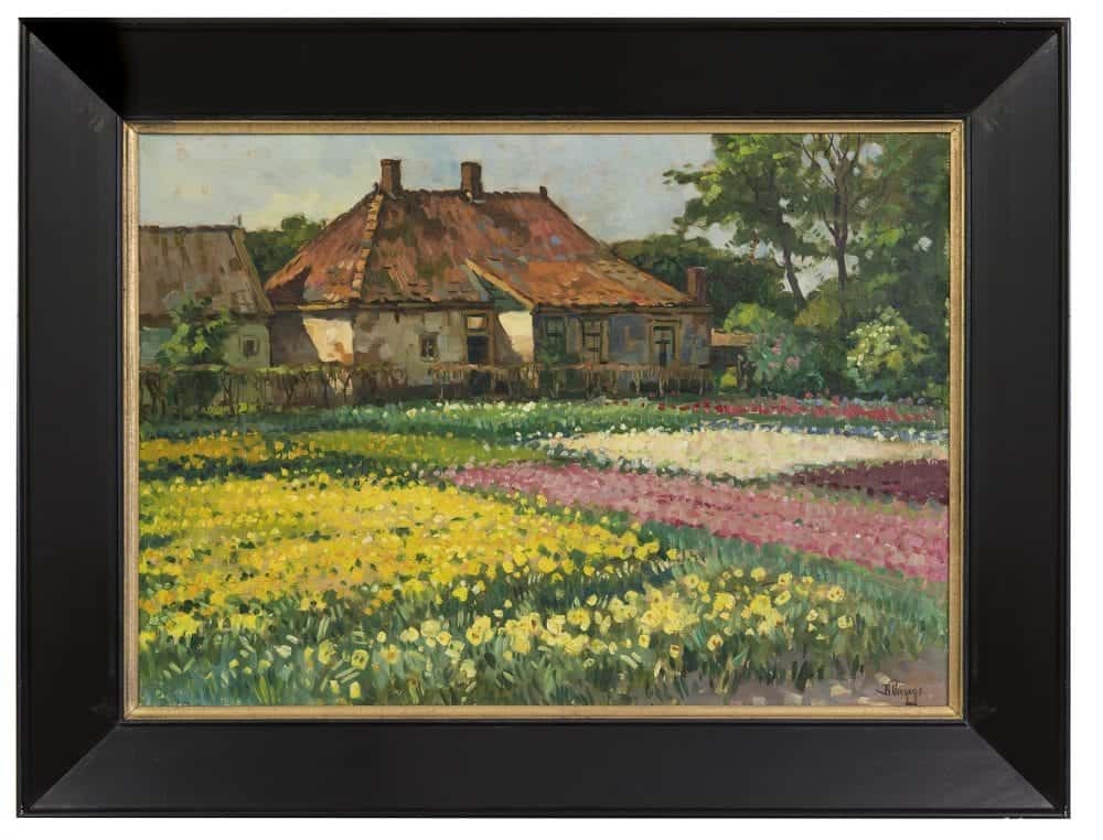 Ben Viegers: Kleurrijk bollenveld bij boerderij (in lijst)