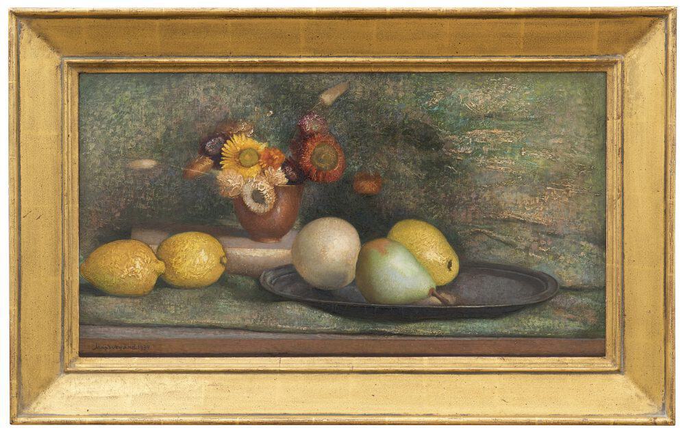 Jaap Weyand: Stilleven met fruit op een tinnen schaal (in lijst)
