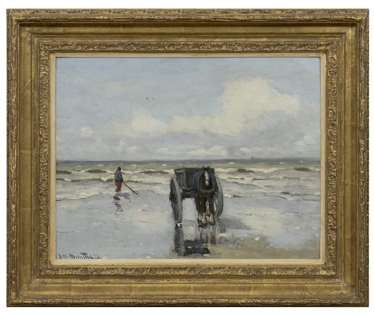 Gerhard Arij Ludwig 'Morgenstjerne' Munthe: Schelpenvisser met kar en paard op het strand (in lijst)