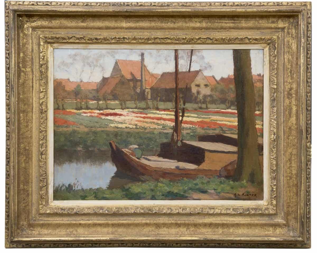 Anton Koster: Tulpenkwekerij aan de Kerklaan te Heemstede (in lijst)