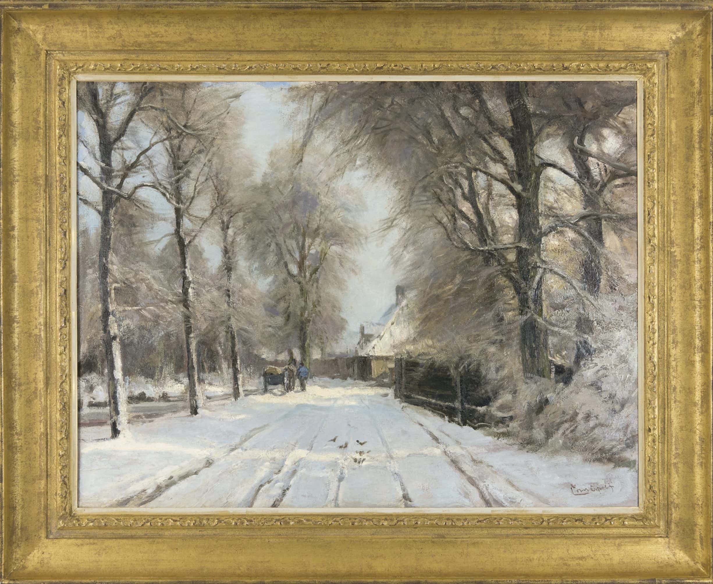 Louis Apol: Winterse boslaan met paard en wagen (in lijst)