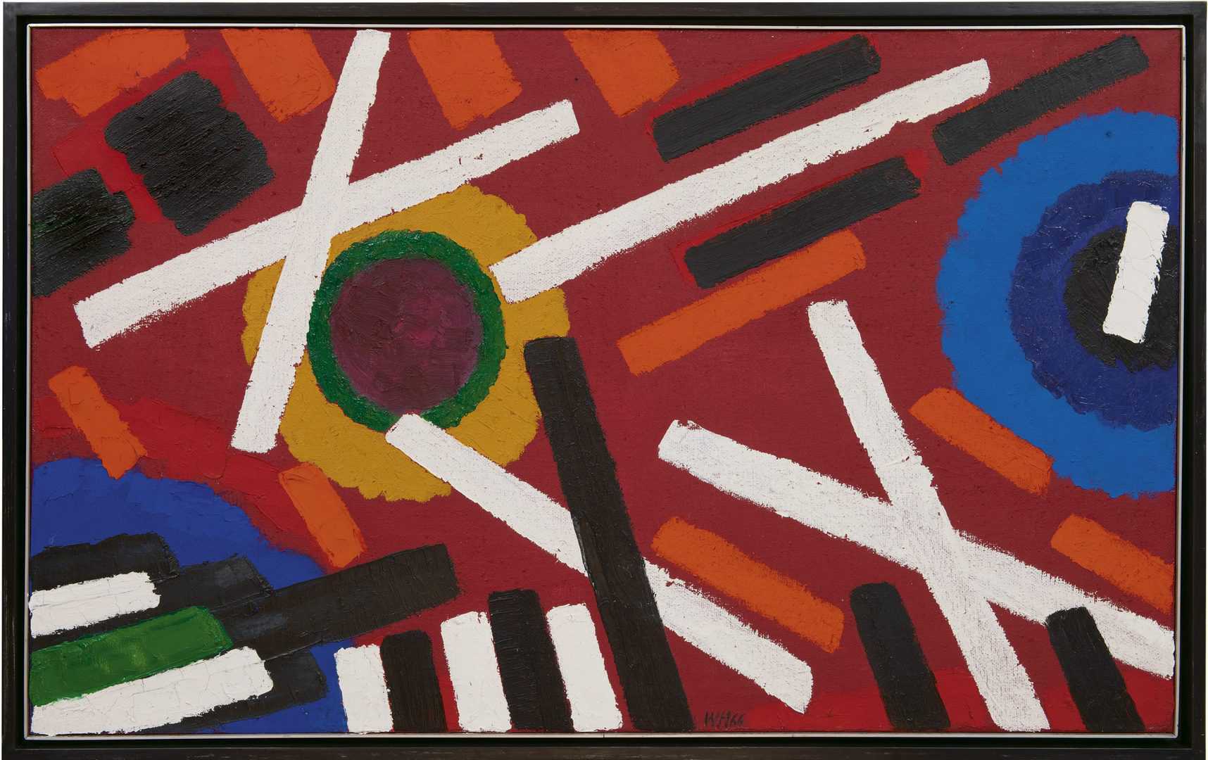 Willem Hussem: Compositie met rode achtergrond (in lijst)
