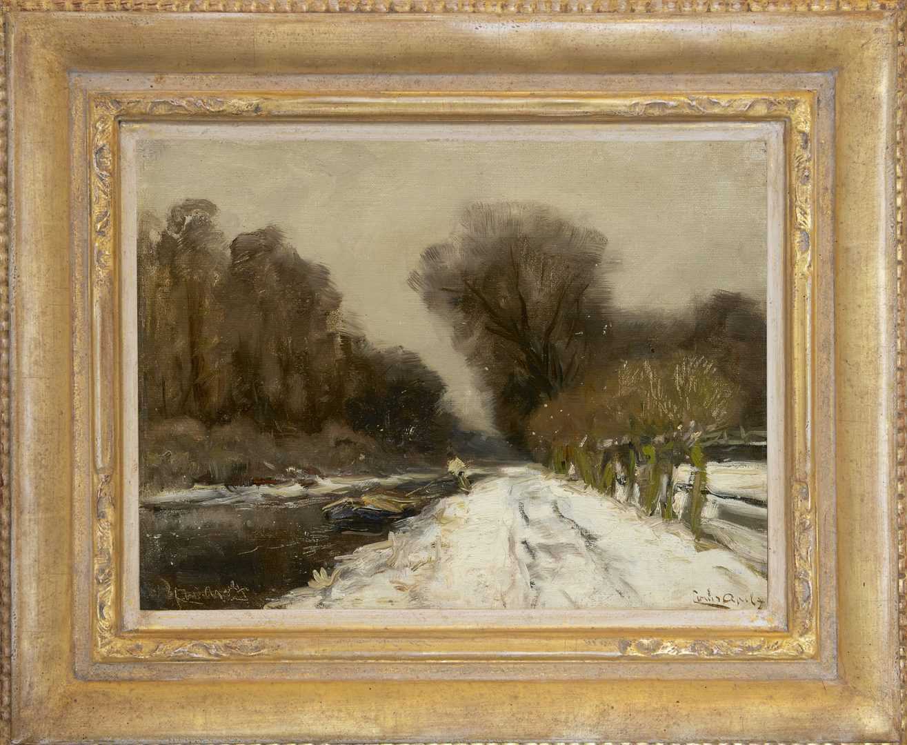 Louis Apol: Besneeuwd bospad langs een vaart (in lijst)
