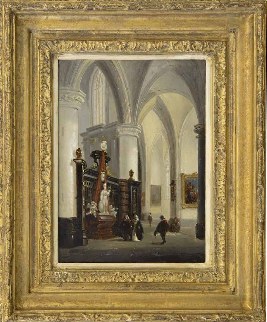 Johannes Bosboom: Kerkinterieur met figuren bij een grafmonument (in lijst)