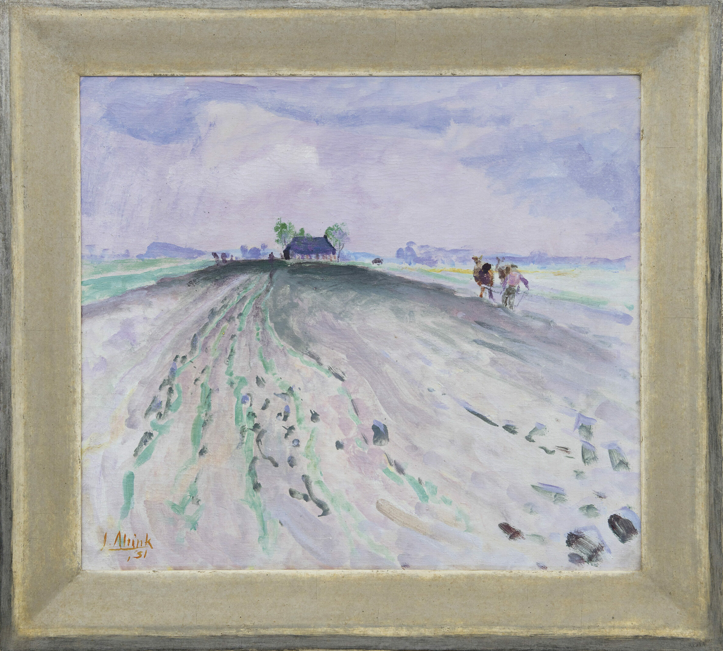 Jan Altink: Gronings landschap met ploegende boer (in lijst)