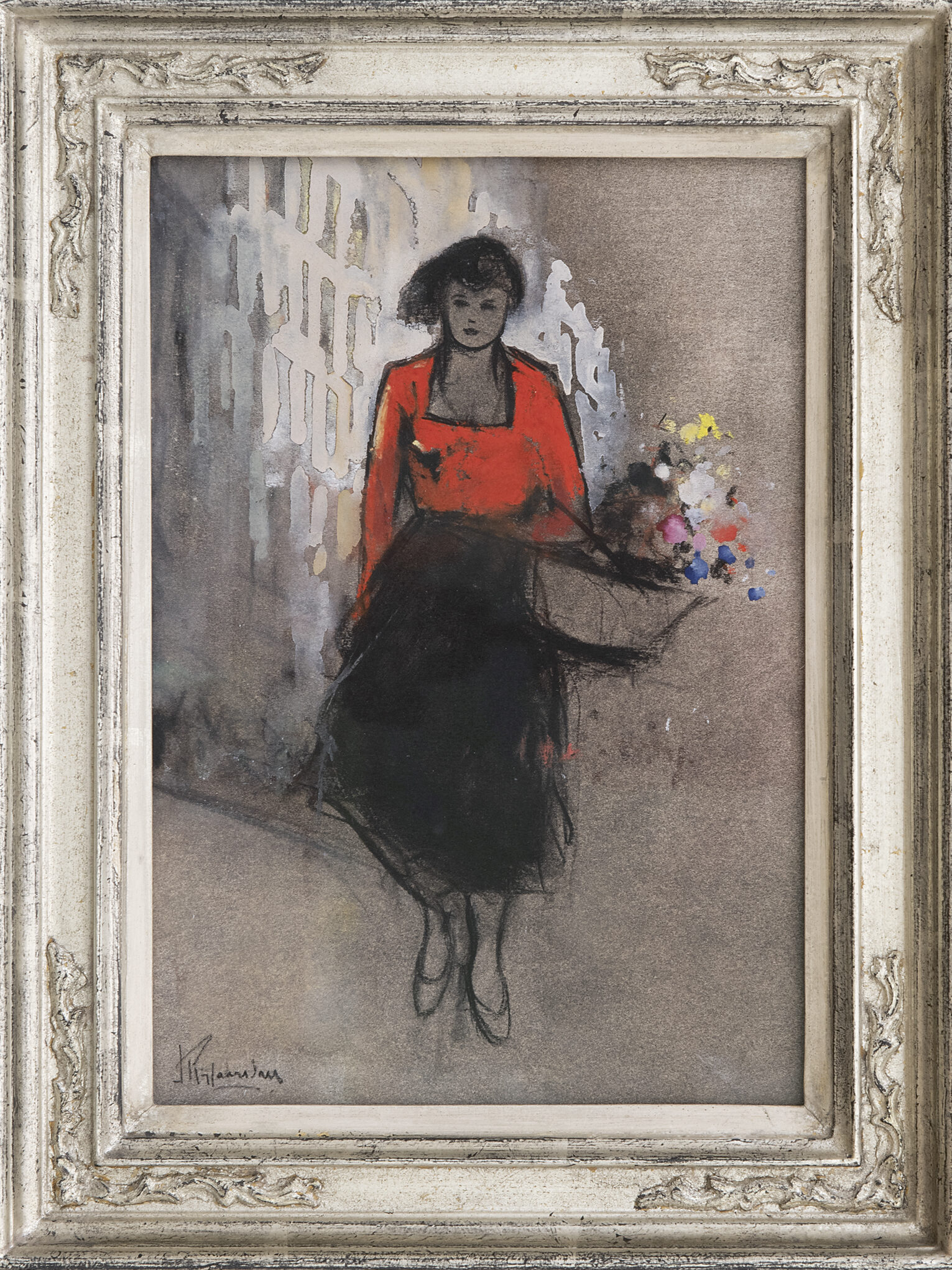 Jan Rijlaarsdam: Vrouw met bloemenmand (in lijst)