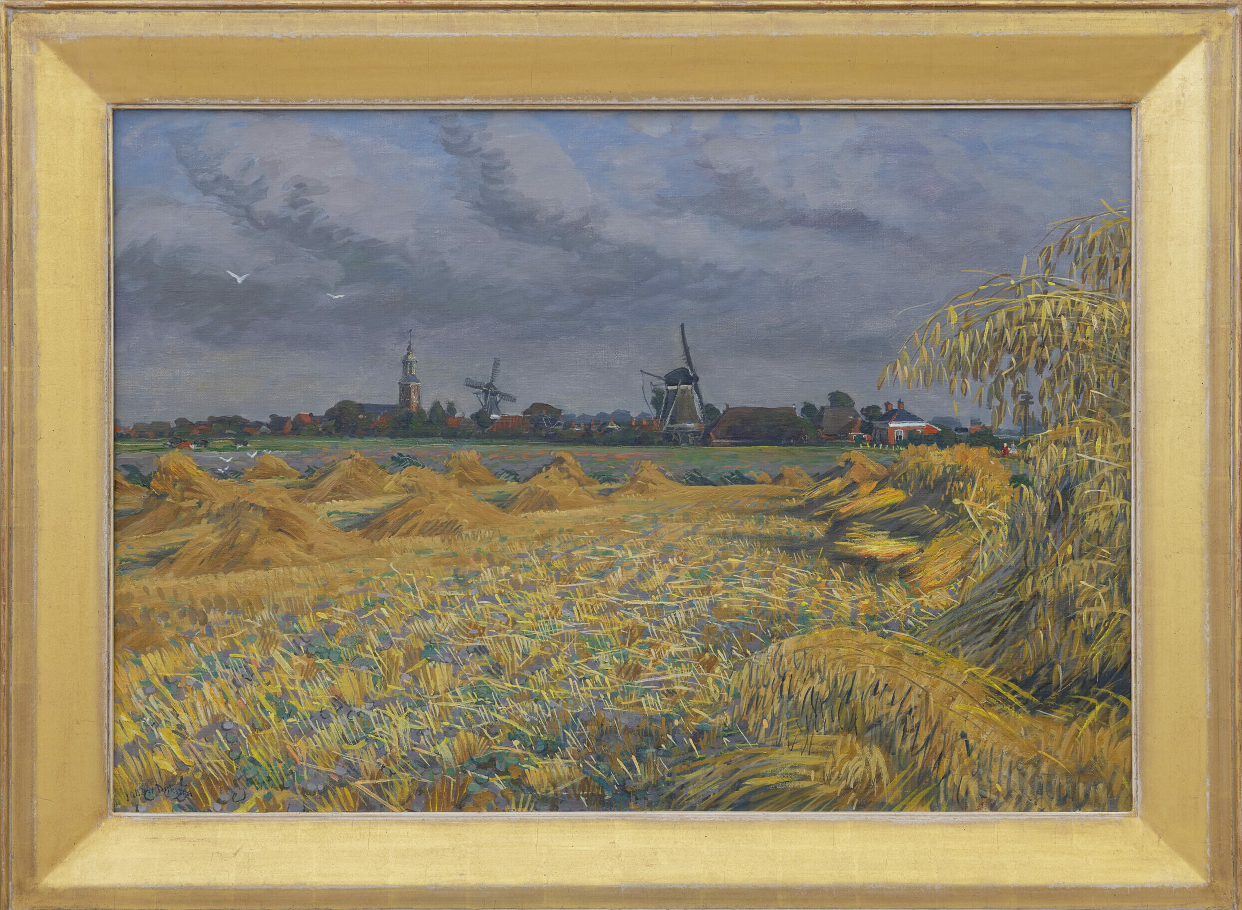Johan Dijkstra: Zonnig landschap met zicht op het wierdedorp Eenrum (in lijst)