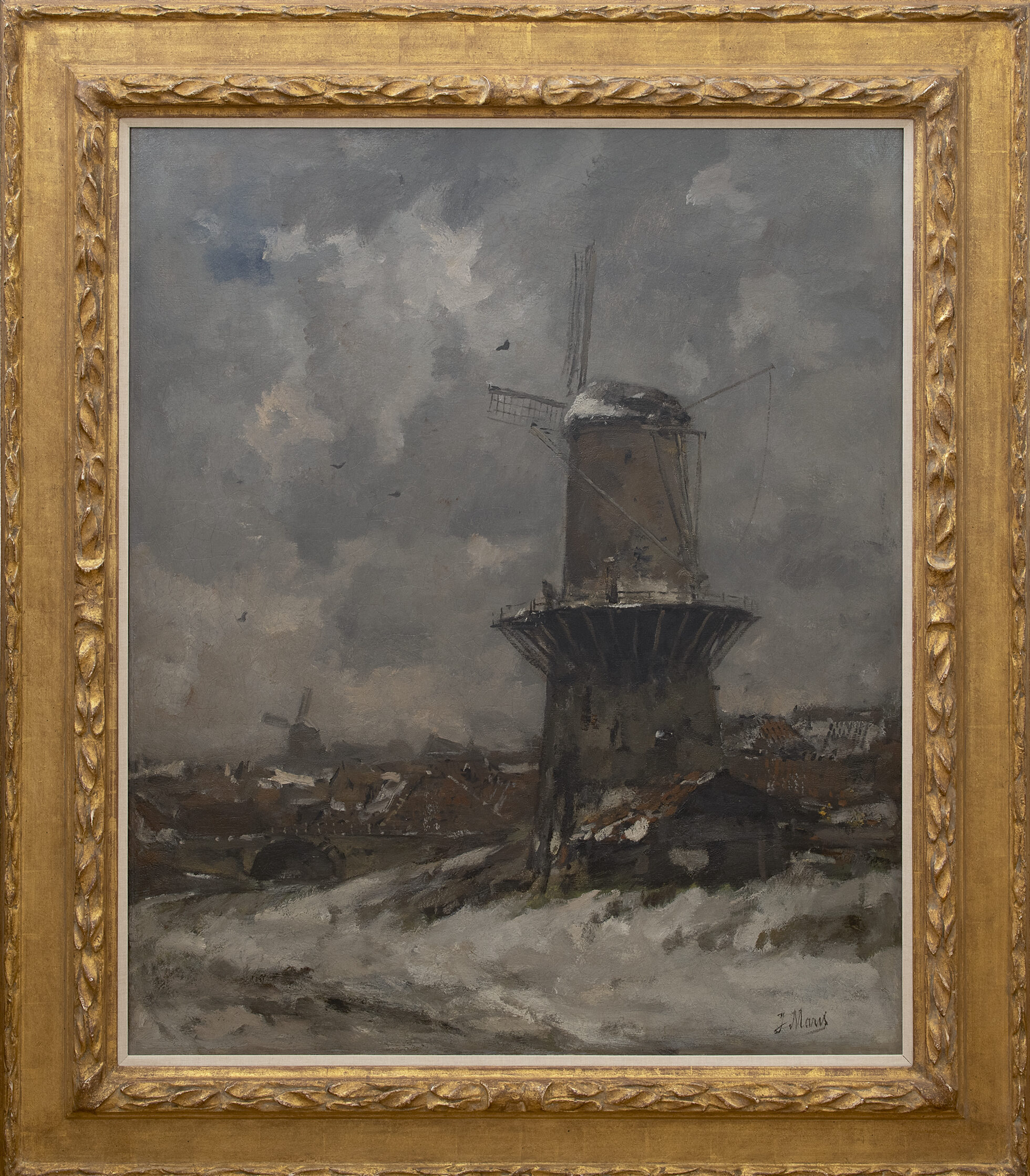 Jacob Maris: Stellingmolen in een besneeuwd landschap (in lijst)