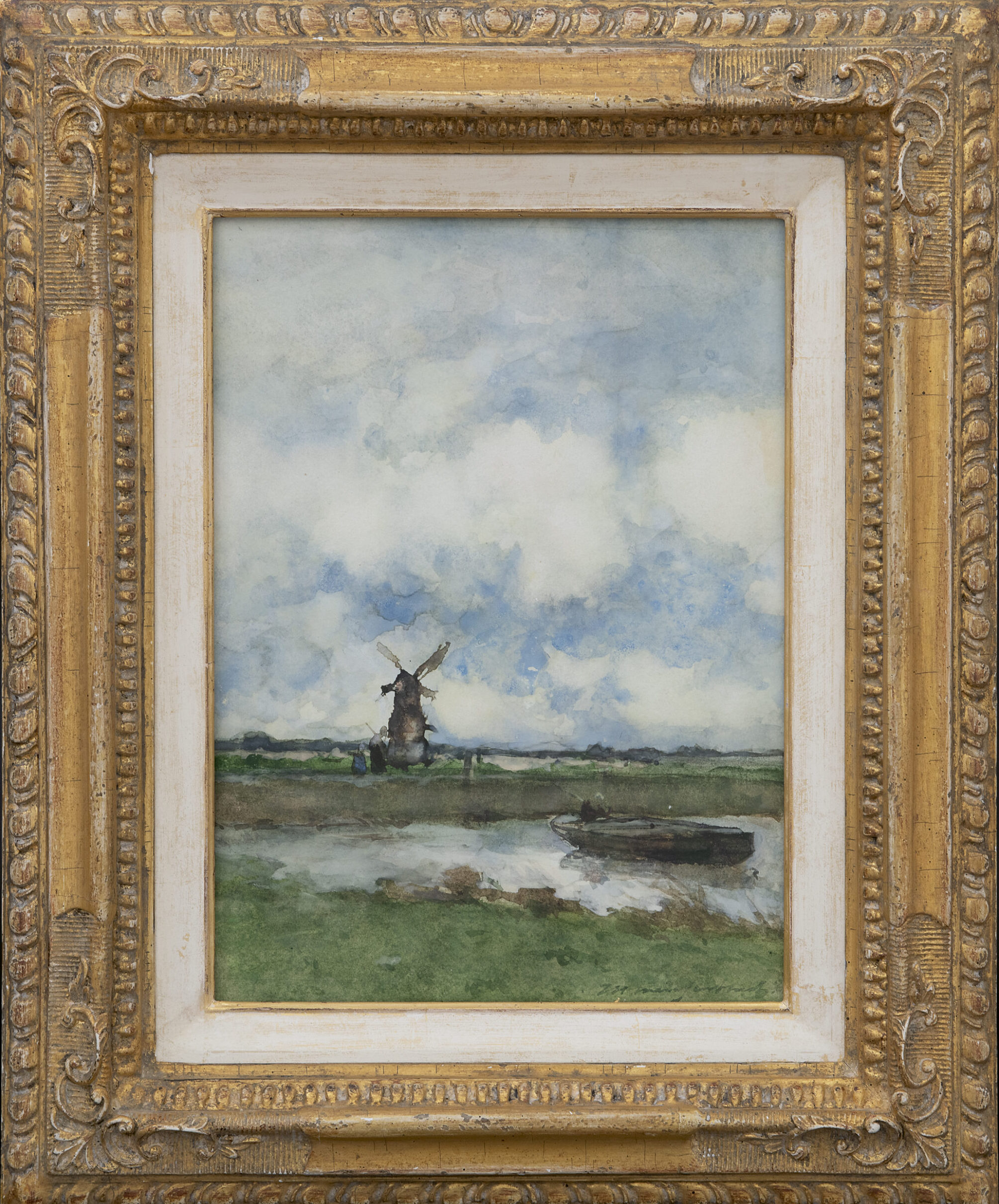Hendrik Johannes Weissenbruch: Polderlandschap met molen en praam (in lijst)