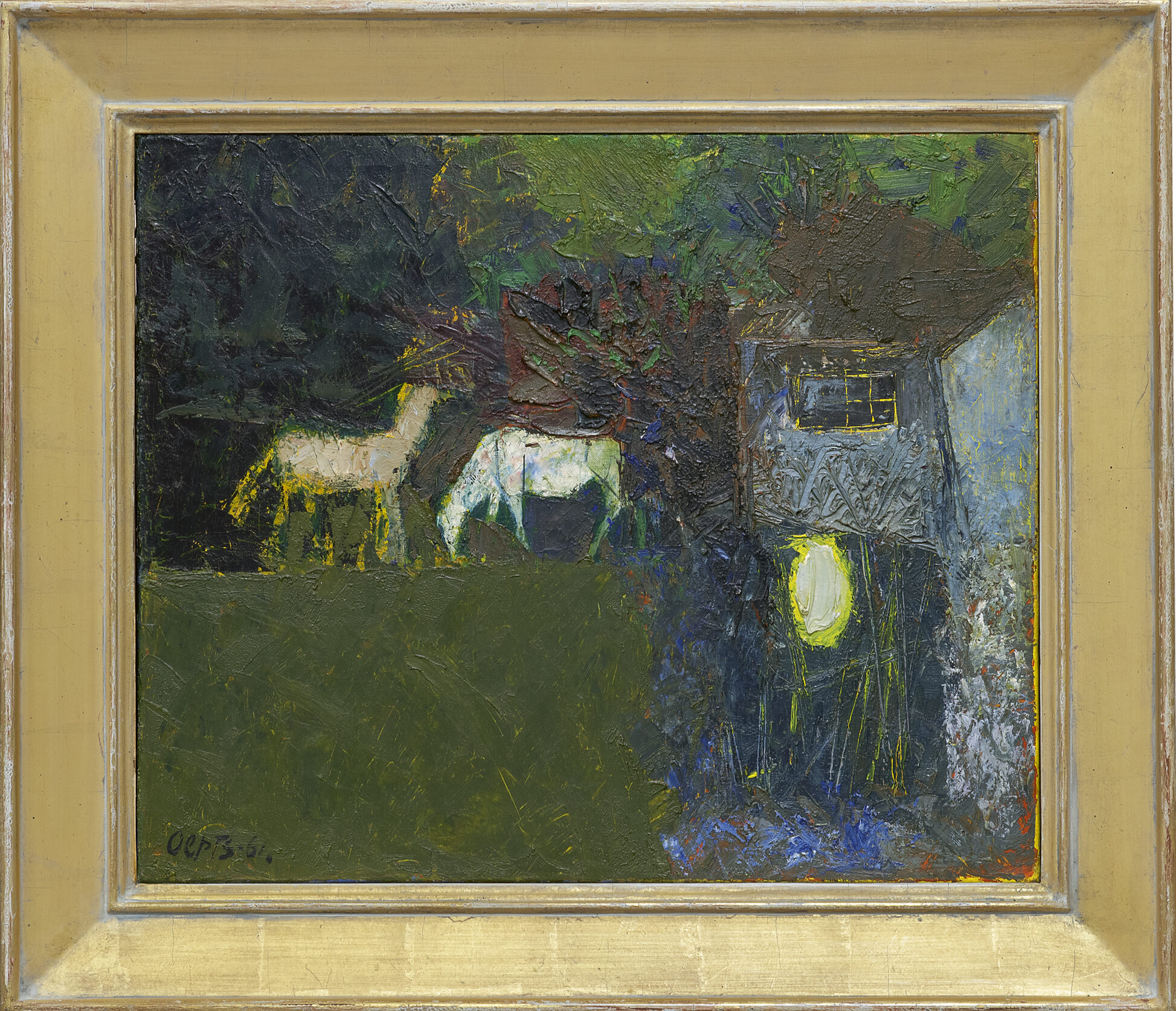 Wim Oepts: Dorpsgezicht met paarden (in lijst)