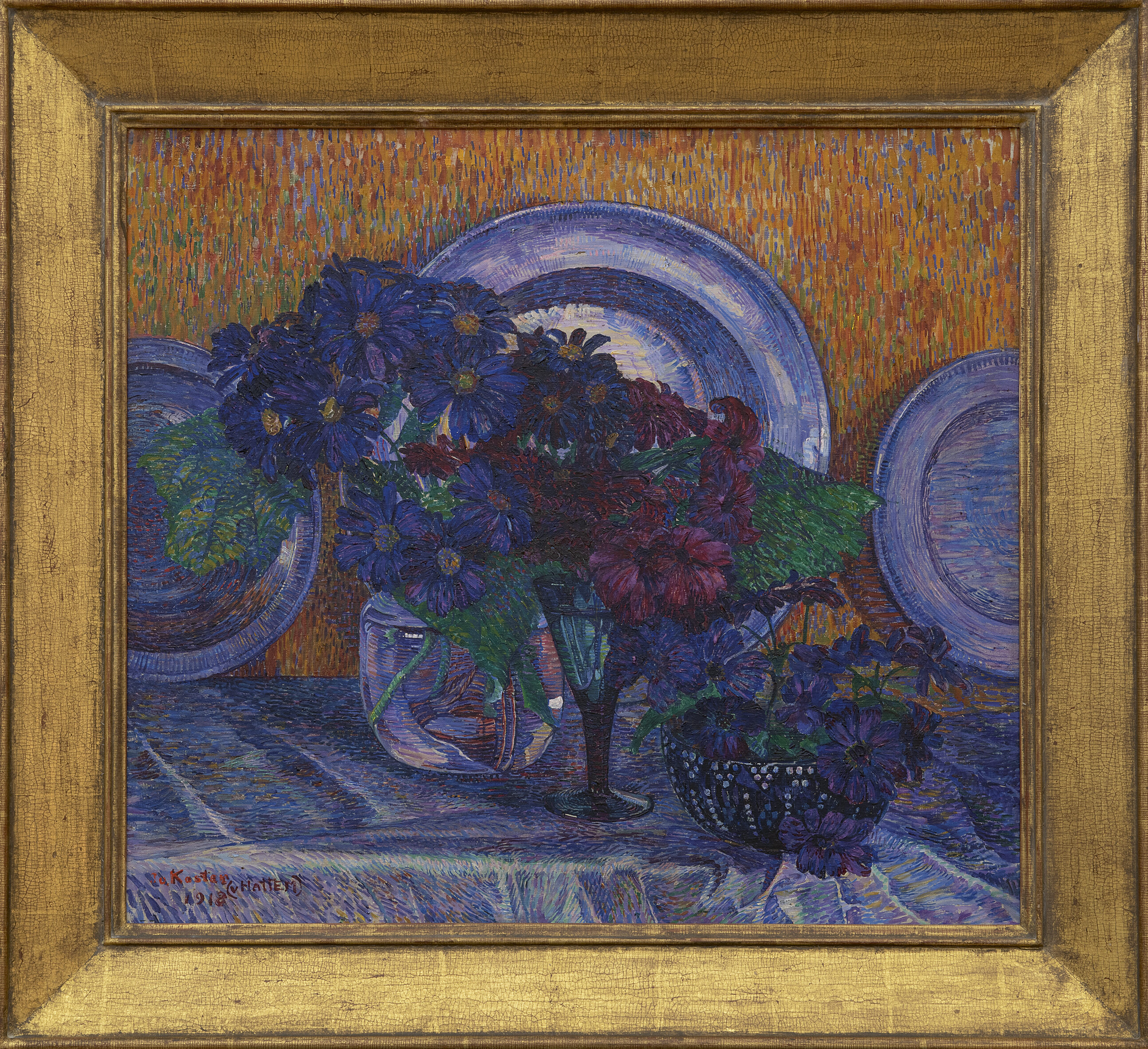 Jo Koster van Hattem: Stilleven met bloemen in een glazen vaasje (in lijst)