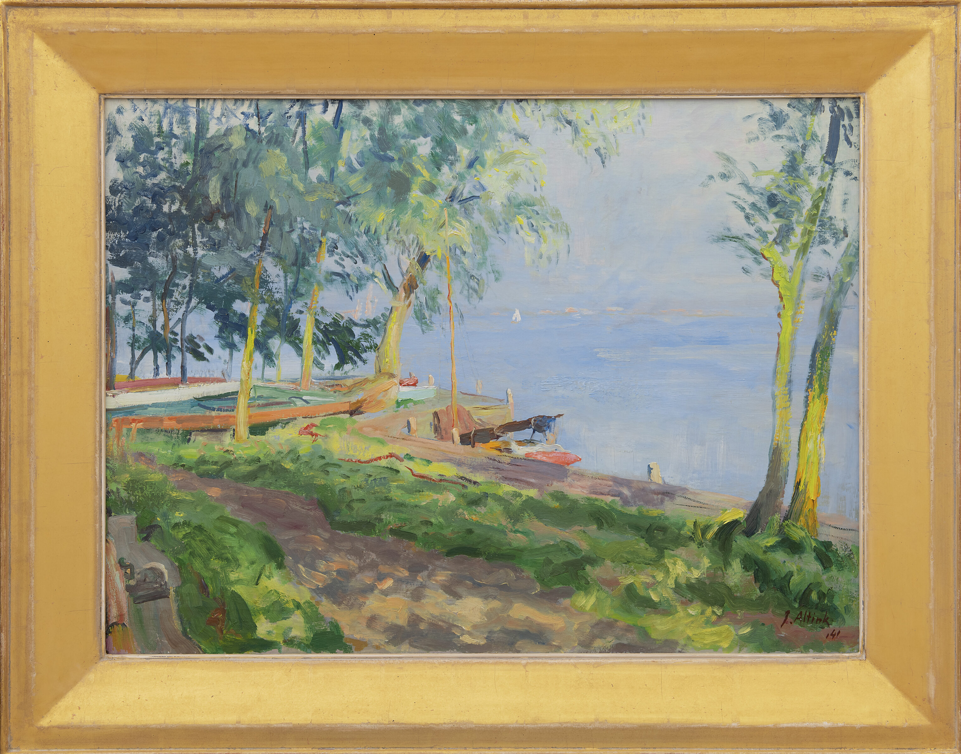 Jan Altink schilderij, Paterswoldsemeer, te koop bij Mark Smit Kunsthandel: Zomerse dag aan het Paterswoldsemeer (in lijst)