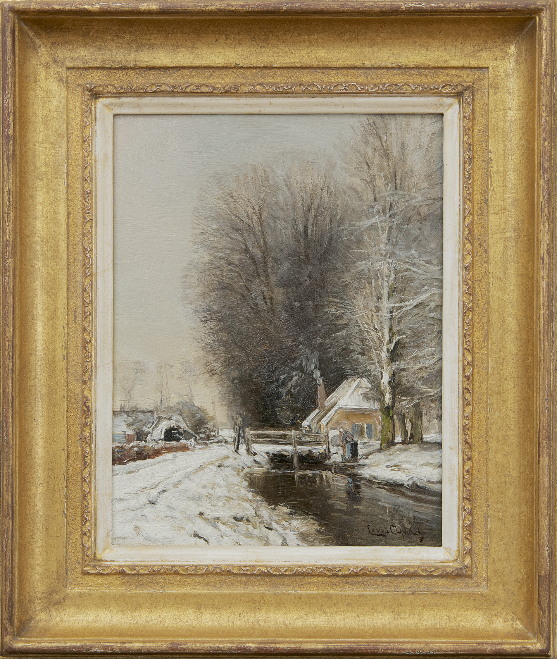 Louis Apol schliderij, Boerderij in sneeuwlandschap, te koop.: Boerderij in sneeuwlandschap (in lijst)
