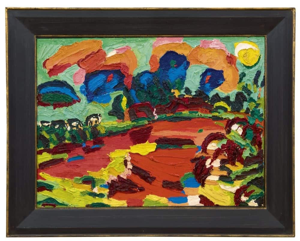 Koos van Bruggen: Expressionistisch landschap met koeien bij een boerderij (in lijst)