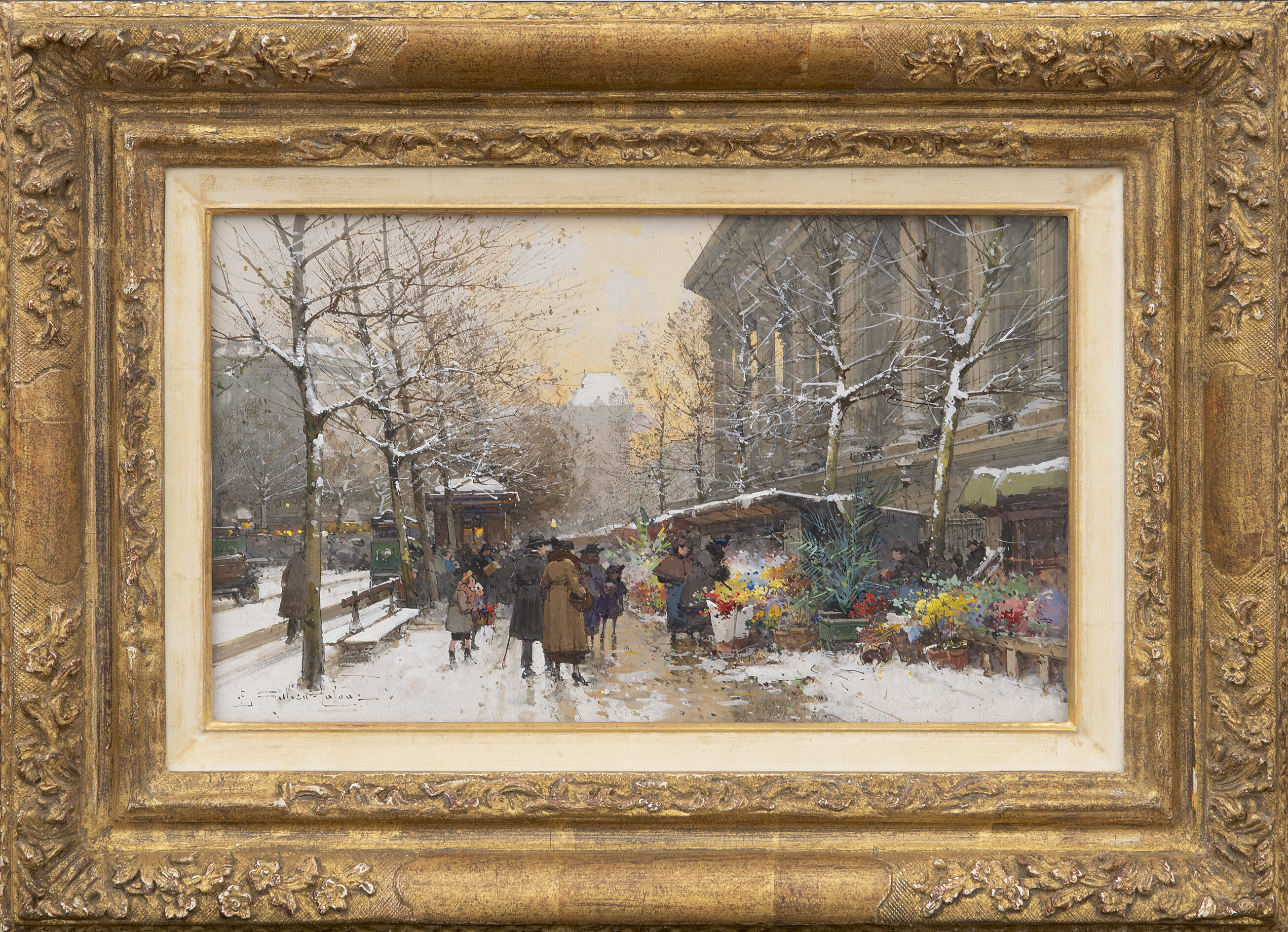 Eugène Galien-Laloue: Wandelen langs de bloemenkramen in Parijs (in lijst)