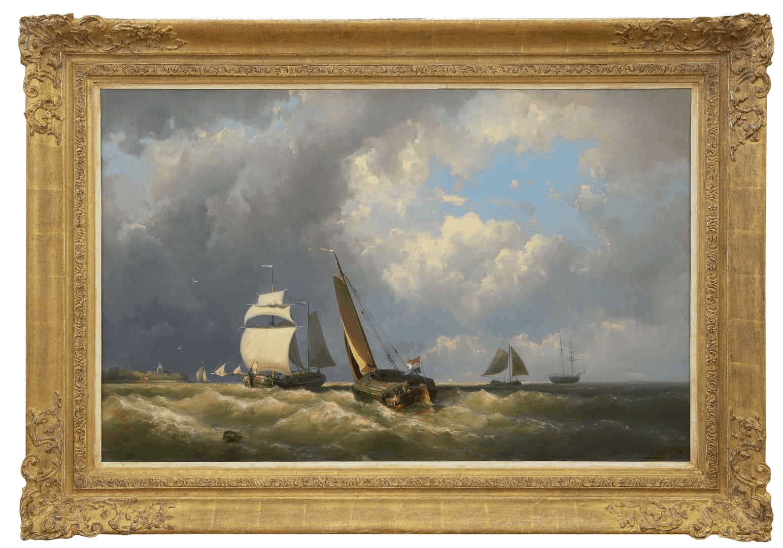 Johannes Hermanus Barend Koekkoek: Woelige zee met diverse schepen (in lijst)