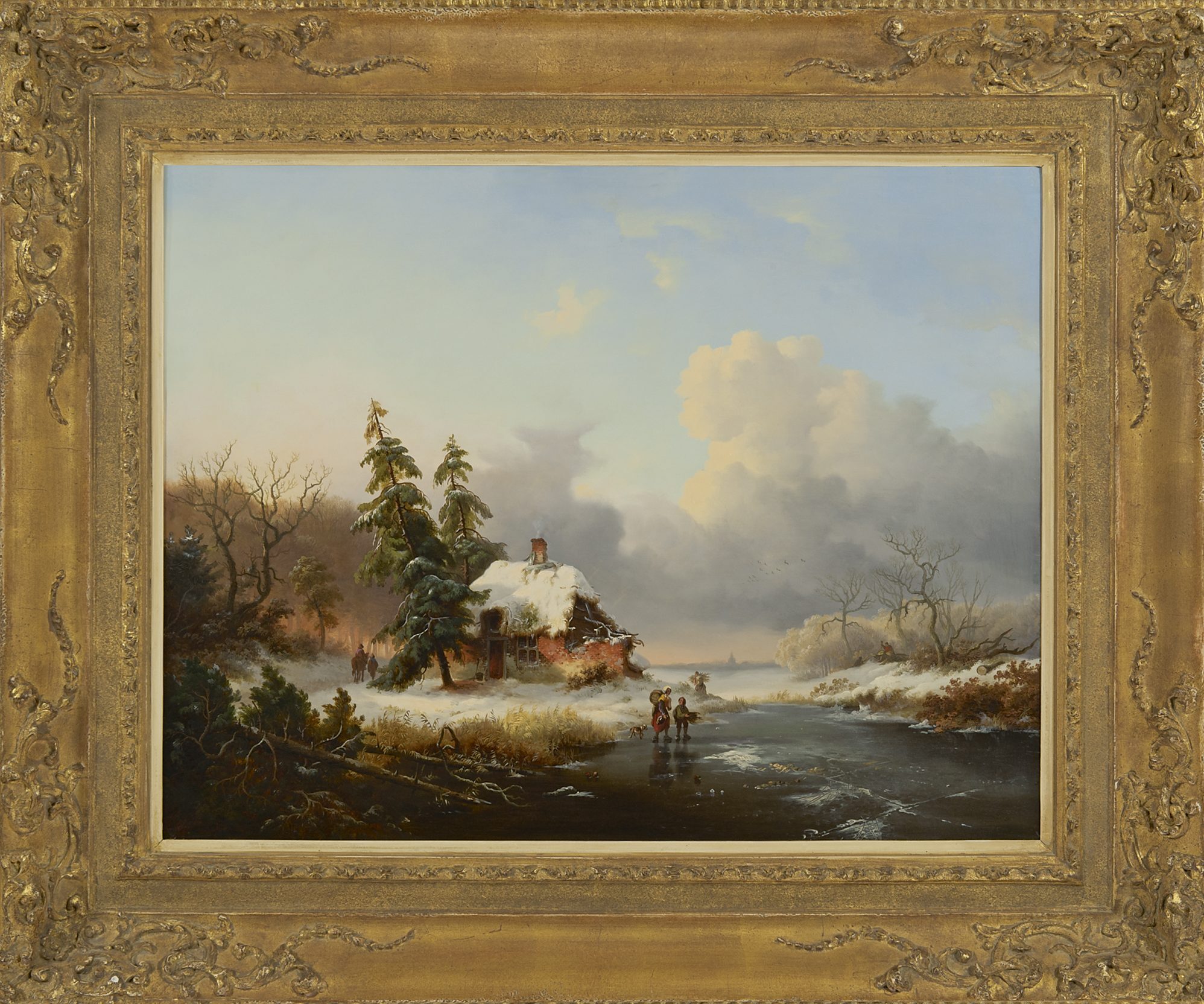 Frederik Marinus Kruseman: Winterlandschap met houtsprokkelaars bij een bevroren vaart (in lijst)