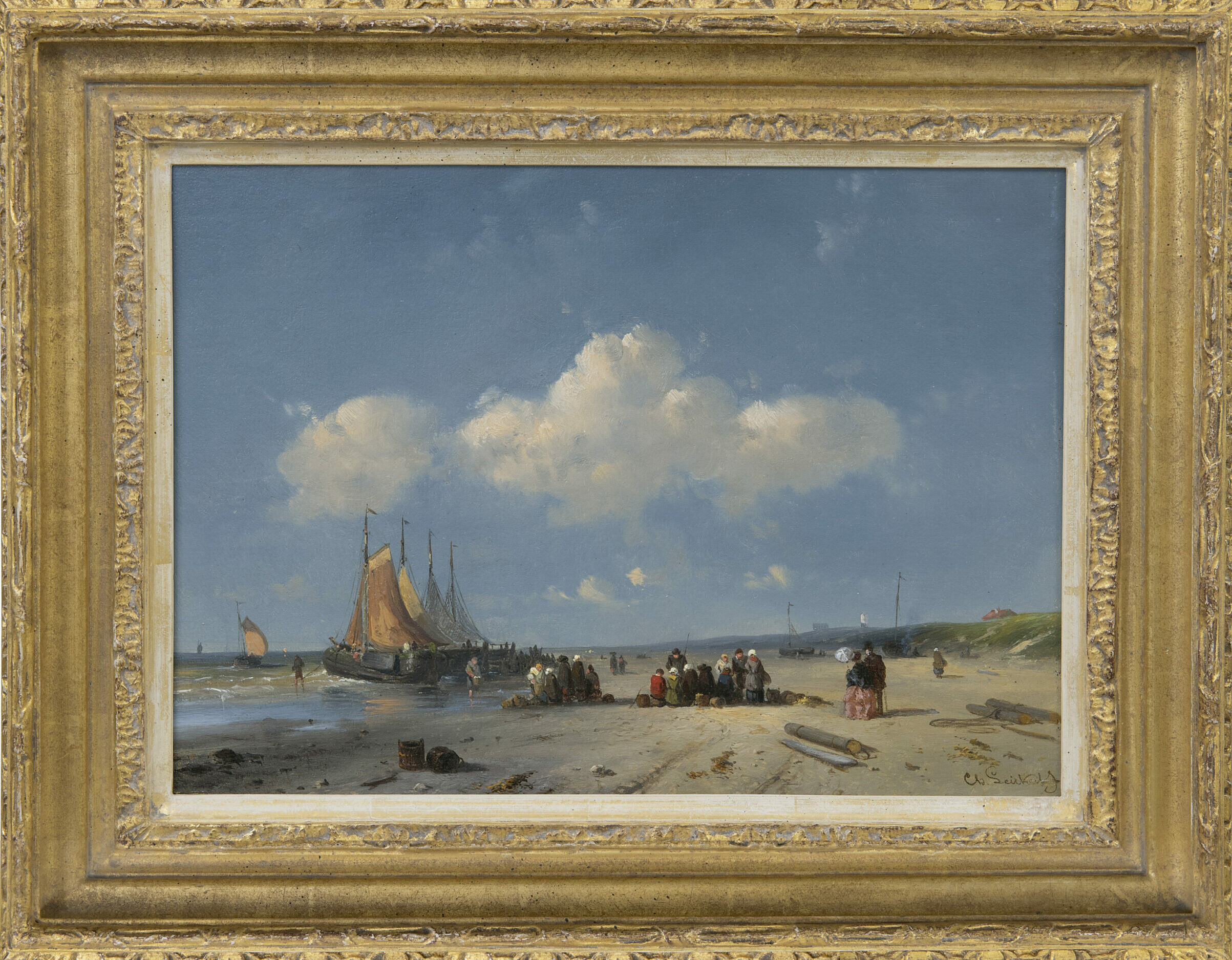 Charles Leickert: Visafslag op het strand (in lijst)
