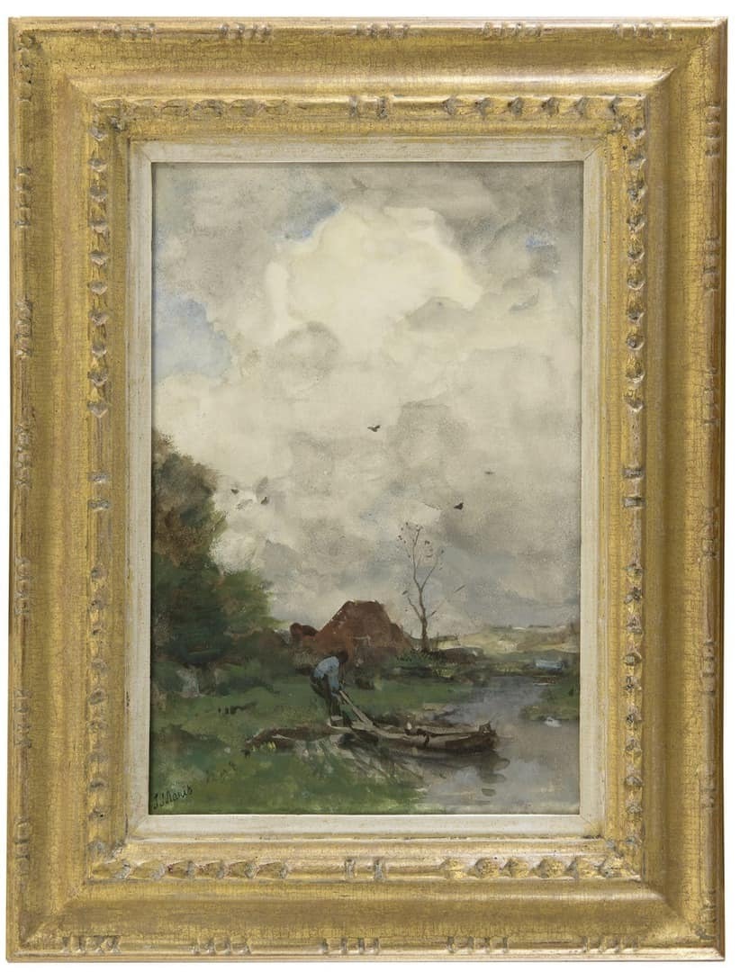 Jacob Maris: Man met roeiboot in landschap (in lijst)