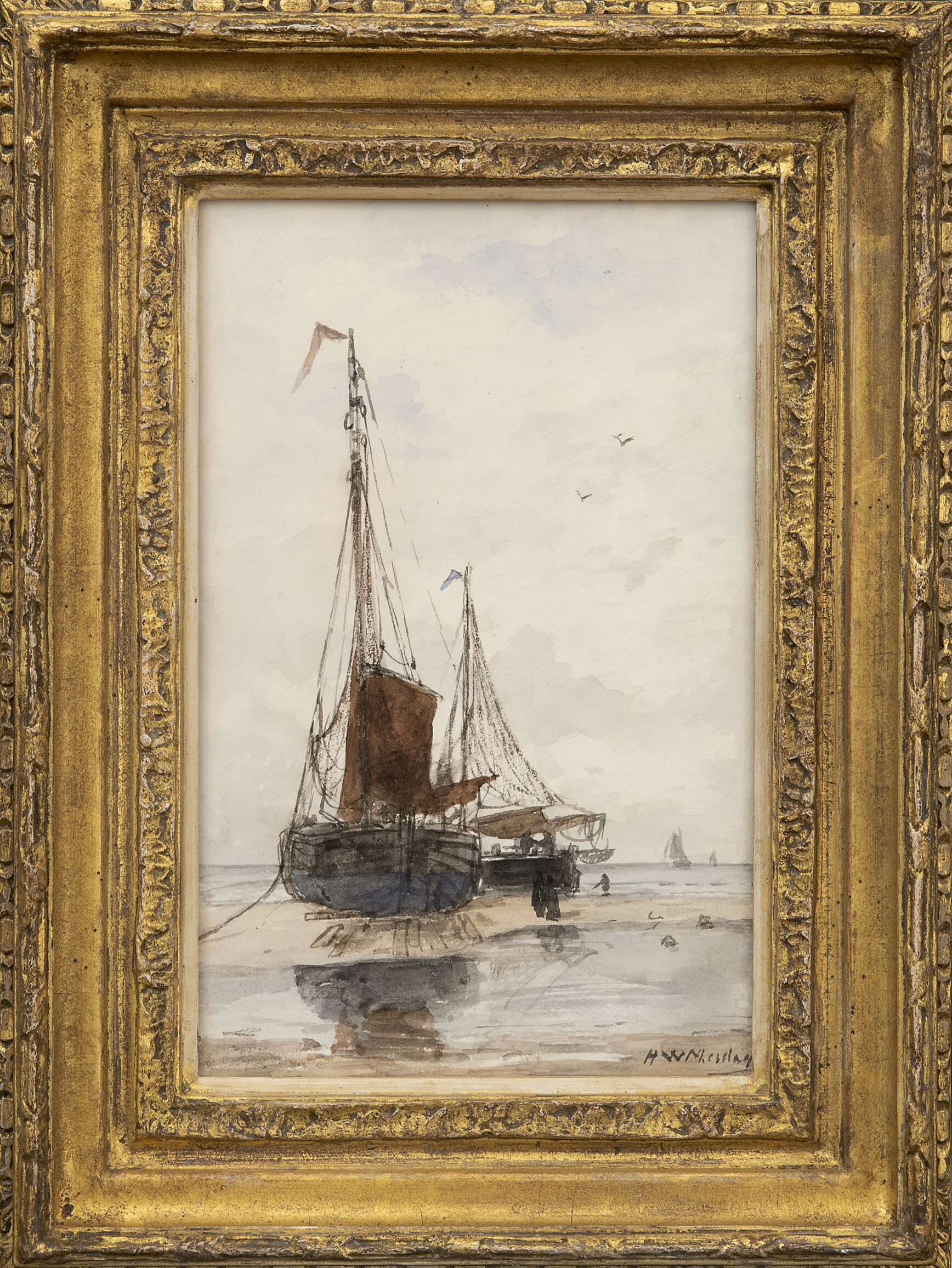Hendrik Willem Mesdag: Bomschuiten op het strand (in lijst)