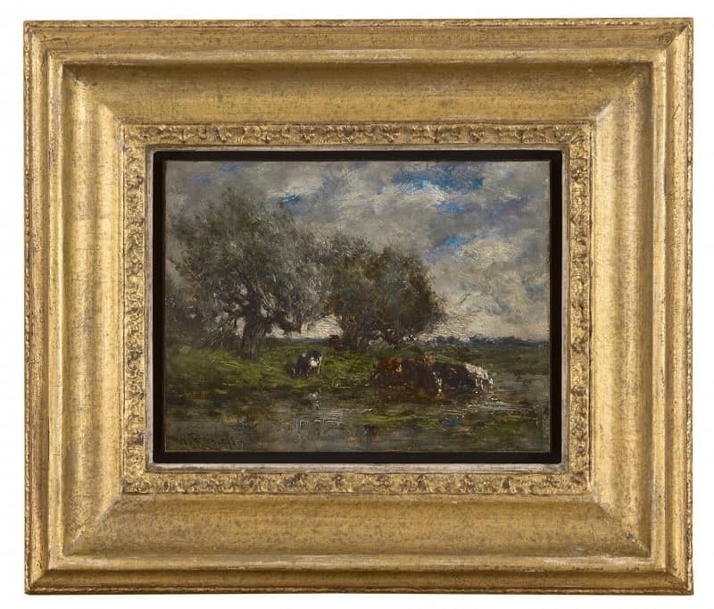 Willem Roelofs: Landschap met koeien in het water (in lijst)