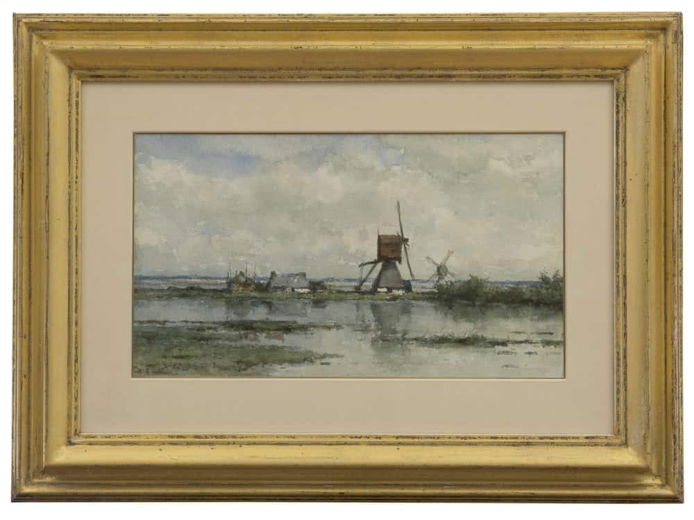 Willem Roelofs: Polderlandschap met twee molens (in lijst)