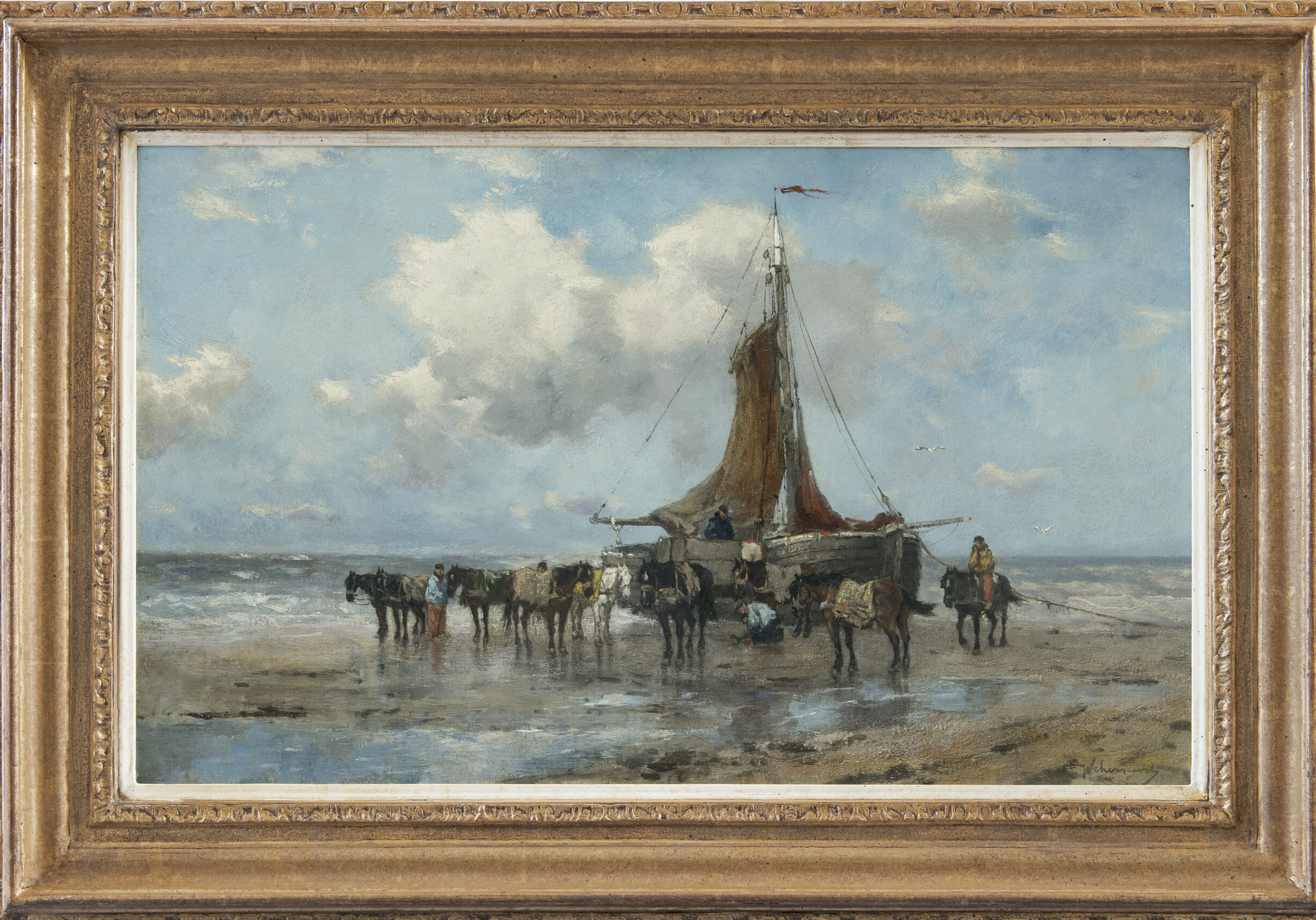 Johan Frederik Cornelis Scherrewitz: Bomschuiten met paarden op het strand (in lijst)