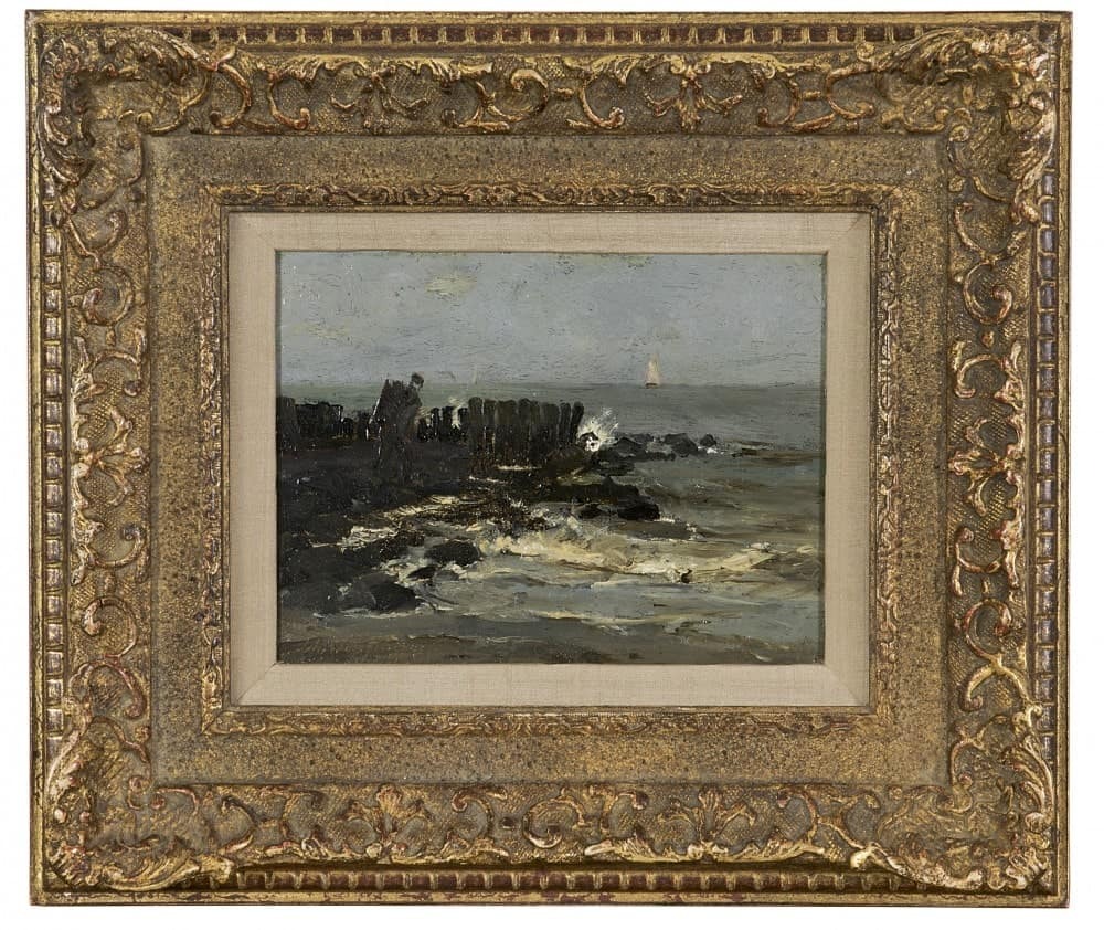 Hendrik Johannes Weissenbruch: Een mosselsteker op een pier (in lijst)
