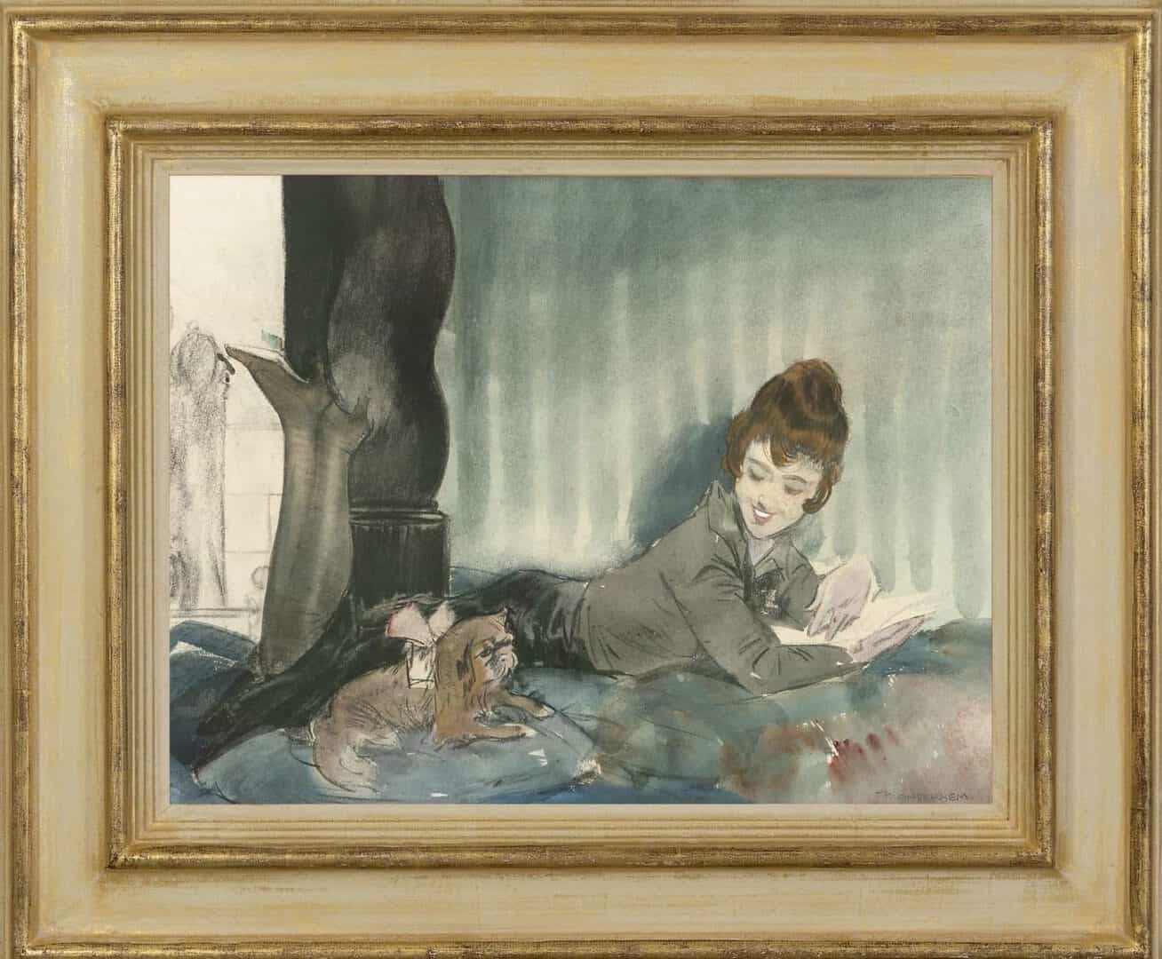 Piet van der Hem: Lezende vrouw met hondje (in lijst)
