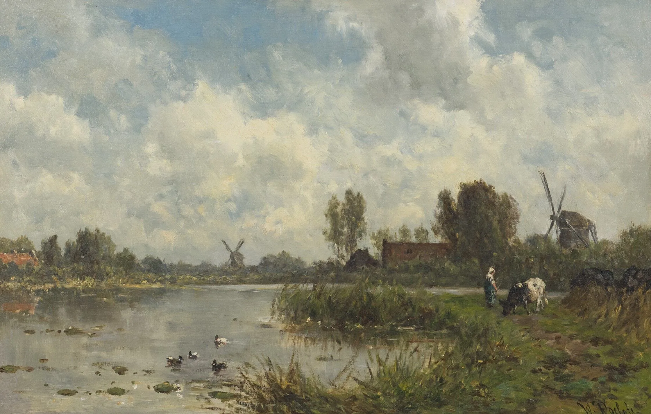 Willem Roelofs: Hollands polderlandschap met molens