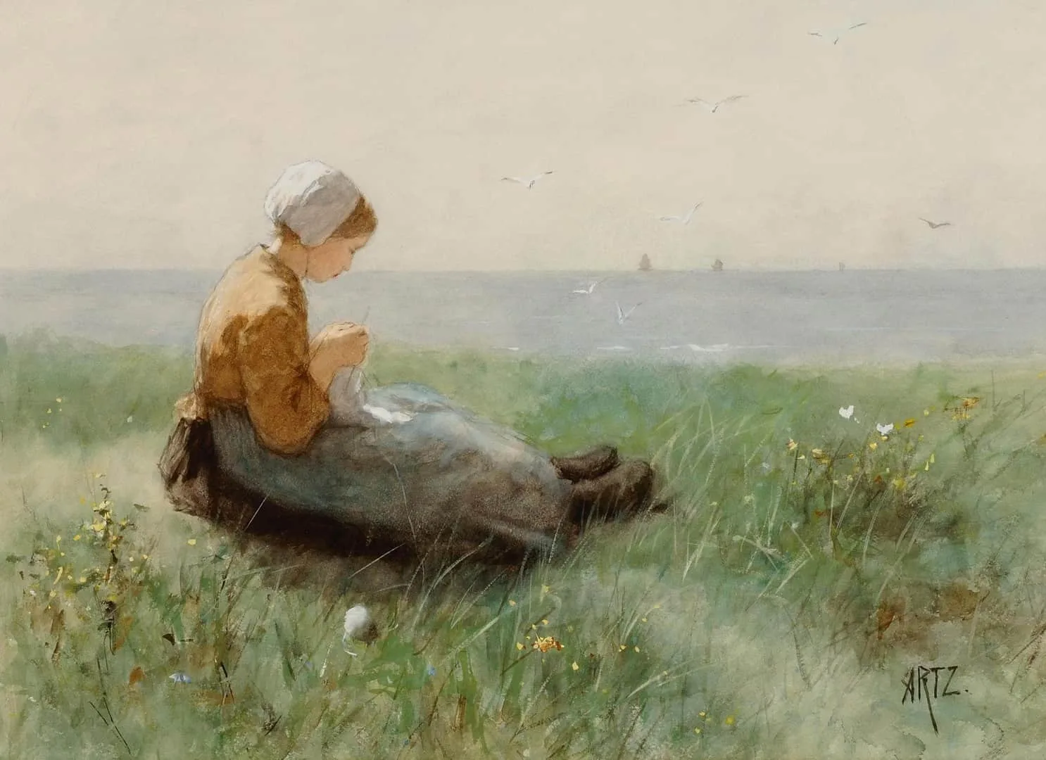 David Artz: Breiend vissersmeisje in de duinen